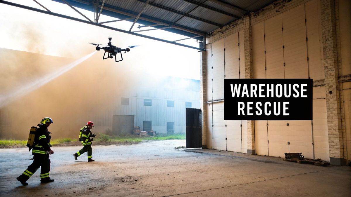 A firefighter operating a drone at the scene of an incident.