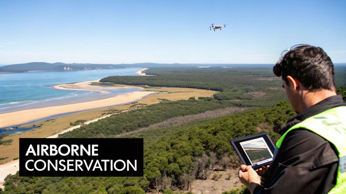 Drone operator using tablet to pilot aerial conservation drone over coastal landscape monitoring environmental data