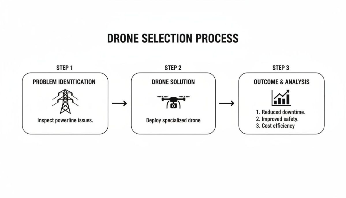 Diagram showing a three-step drone selection process for powerline inspection, identifying problems, deploying solutions, and analyzing outcomes.