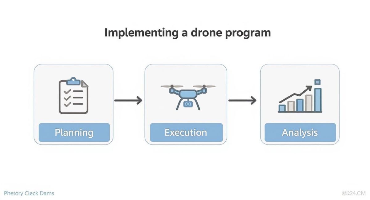 Infographic showing the three-step process for implementing a drone inspection program Planning, Execution, and Analysis