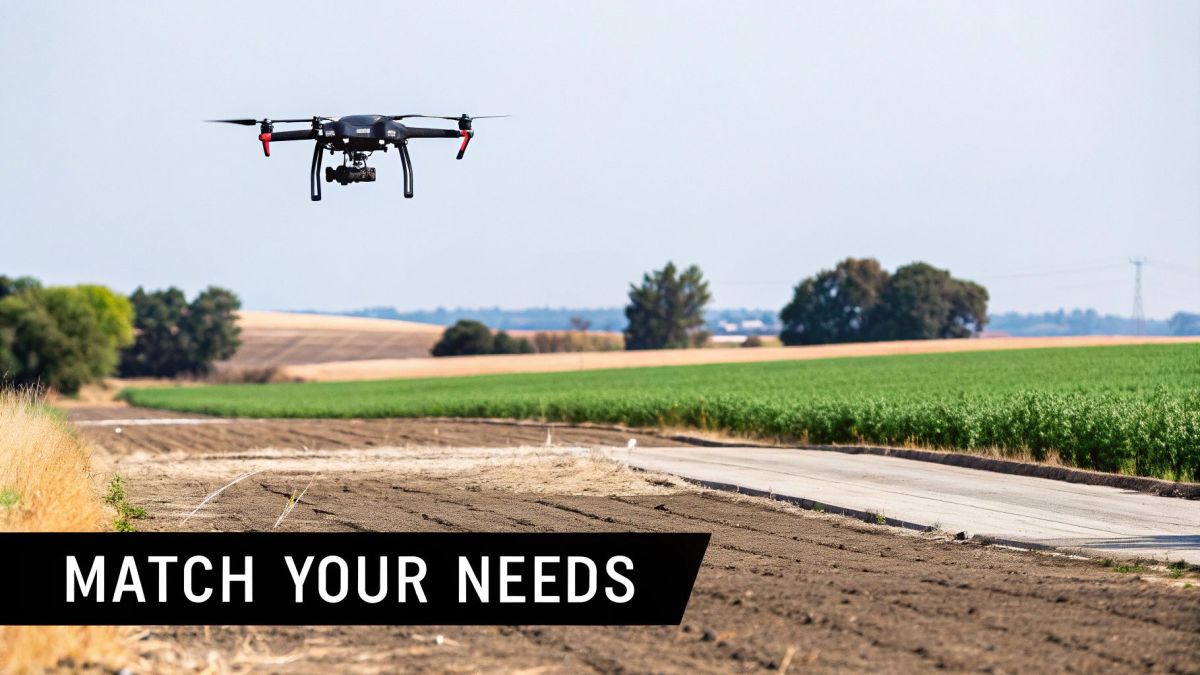 A black drone with a camera flying over green and tilled agricultural fields.